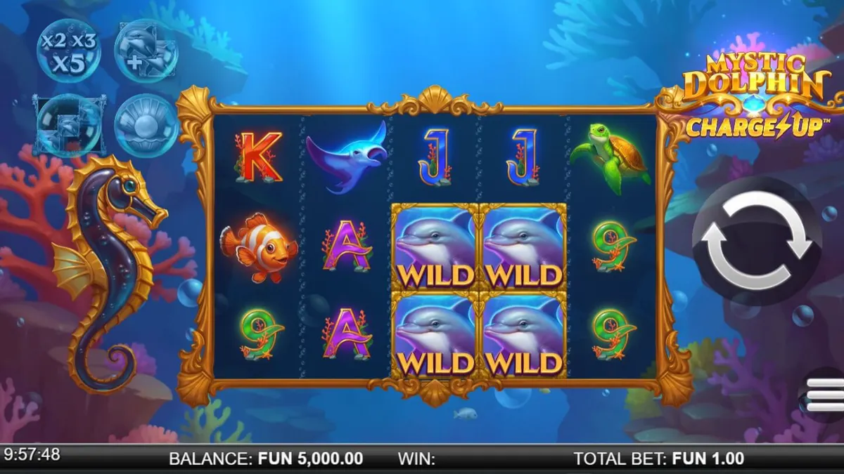 Interface do jogo Mystic Dolphin Charge Up com golfinhos e elementos oceânicos